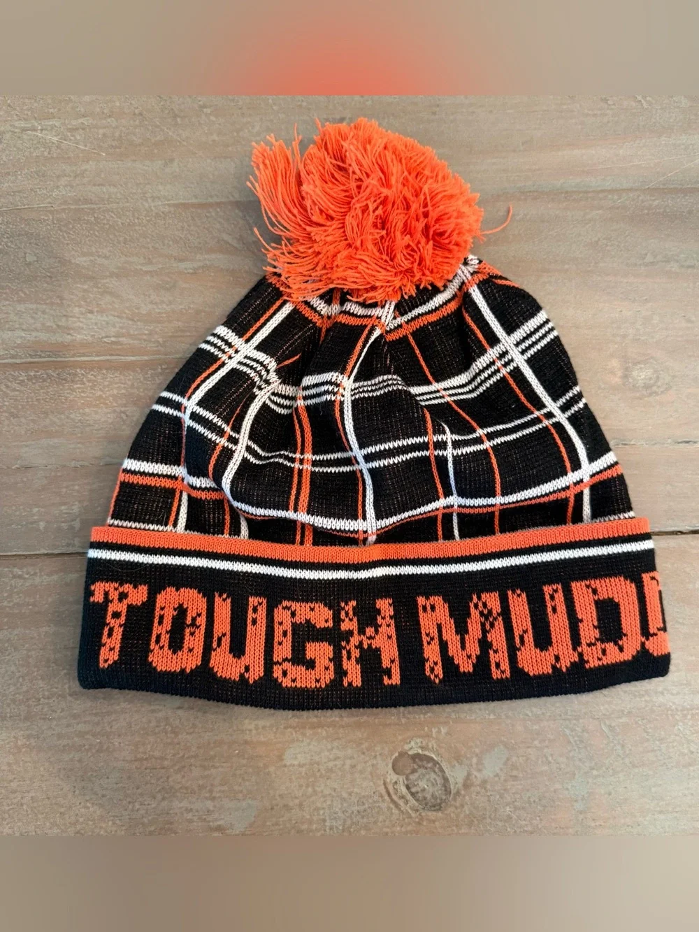 Tough Mudder Race Winter Beanie Hat Black Orange Pom Pom Preowned